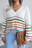 Casual Striped Patchwork V Neck Tops Sweater