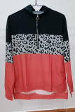 Fashion Leopard Color Block Patchwork Zipper Collar Tops
