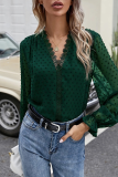Elegant Dot Lace Patchwork V Neck Tops