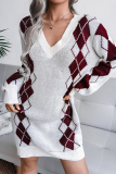 Casual Geometric Patchwork Contrast V Neck Dresses Sweater (Without Belt)