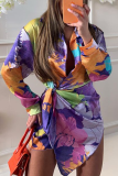 Fashion Print Patchwork Turndown Collar Waist Skirt Dresses
