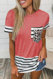 Casual Striped Leopard Patchwork Pocket O Neck T-Shirts
