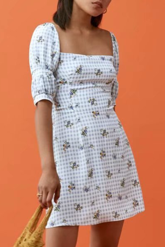 Fashion Elegant Plaid Floral Patchwork Square Collar A Line Dresses