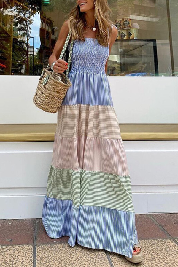 Fashion Casual Striped Patchwork Spaghetti Strap A Line Dresses