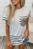 Casual Striped Leopard Patchwork Pocket O Neck T-Shirts