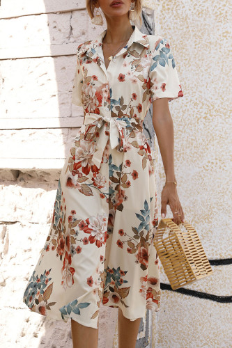 Fashion Street Print Patchwork Turndown Collar A Line Dresses