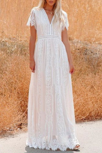 Fashion Elegant Solid Lace Patchwork V Neck A Line Dresses