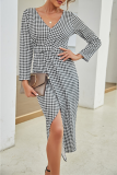 Fashion Elegant Print Patchwork Slit V Neck Dresses