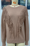 Fashion Solid Tassel Patchwork O Neck Tops