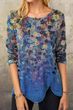 Floral Oil Painting Button Slit T Shirt