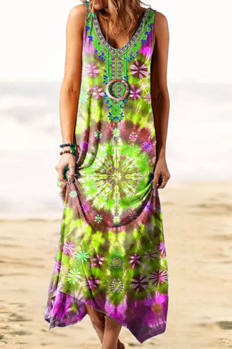 Fashion Vintage Print Patchwork O Neck Irregular Dresses