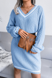 Casual Striped Patchwork Contrast V Neck A Line Dresses Sweater (Without Belt)