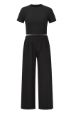 Casual Solid Patchwork Pocket O Neck Short Sleeve Two Pieces