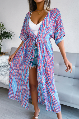Casual Print Patchwork Cardigan Collar Waist Skirt Dresses
