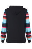 Casual Print Draw String Pocket Hooded Collar Tops