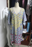 Fashion Print Patchwork V Neck Straight Dresses