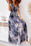 Casual Print Patchwork V Neck Waist Skirt Dresses