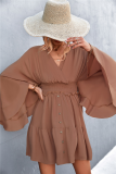 Casual Solid Patchwork V Neck Waist Skirt Dresses