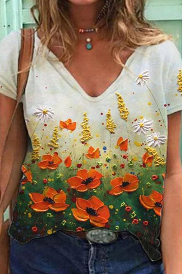 Floral Art Painting V Neck T Shirt