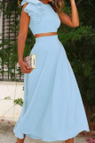 Sexy Solid Backless Flounce O Neck Sleeveless Two Pieces