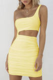 Sexy Solid Backless One Shoulder Wrapped Skirt Dresses
