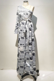 Fashion Print Patchwork One Shoulder Three Quarter Two Pieces