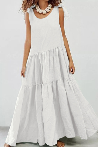 Casual Solid Patchwork O Neck Cake Skirt Dresses