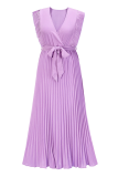Fashion Elegant Solid Flounce Strap Design V Neck Pleated Dresses