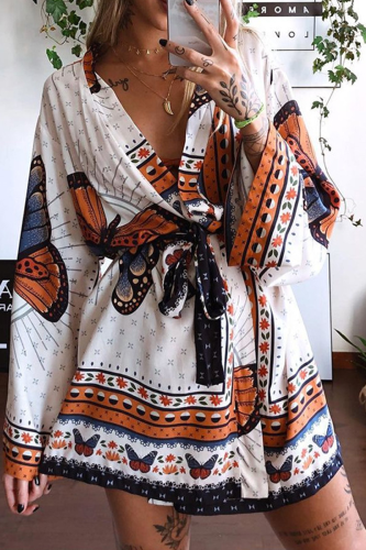 Casual Print Patchwork V Neck Cake Skirt Dresses