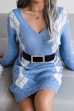 Casual Geometric Patchwork Contrast V Neck Dresses Sweater (Without Belt)