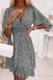 Casual Print Patchwork V Neck Waist Skirt Dresses