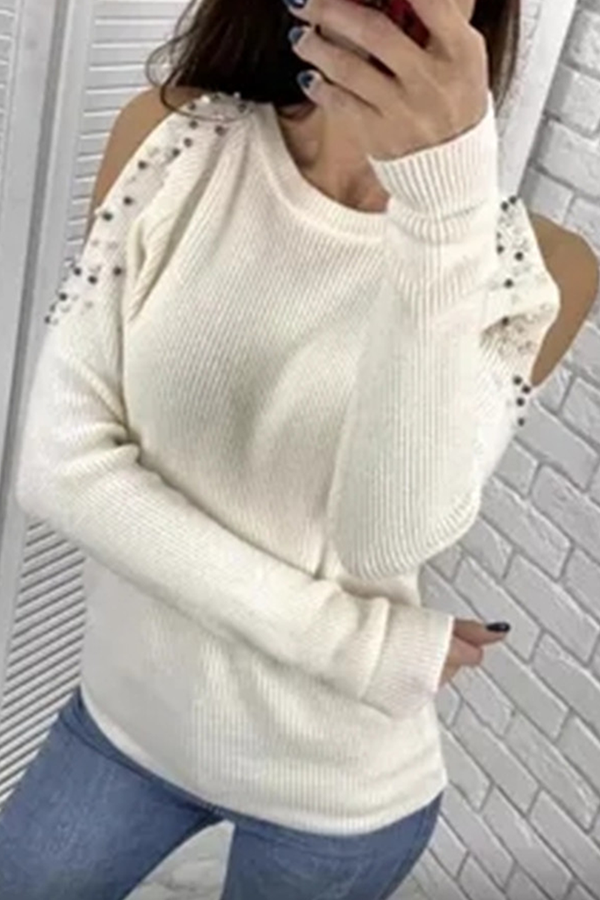 Fashion Casual Solid Beading U Neck Tops Sweater