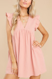 Spring and summer solid color flying sleeve V-neck dress