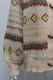 Casual Geometric Patchwork Buckle V Neck Outerwear Sweater