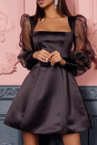 Casual Solid Patchwork Mesh Square Collar Cake Skirt Dresses