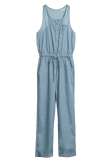 Casual Street Solid Frenulum Buckle U Neck Jumpsuits
