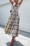 Casual Plaid Patchwork V Neck Waist Skirt Dresses