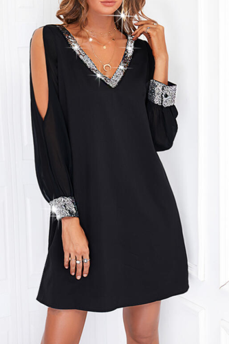 Casual Solid Sequins Patchwork V Neck Pencil Skirt Dresses
