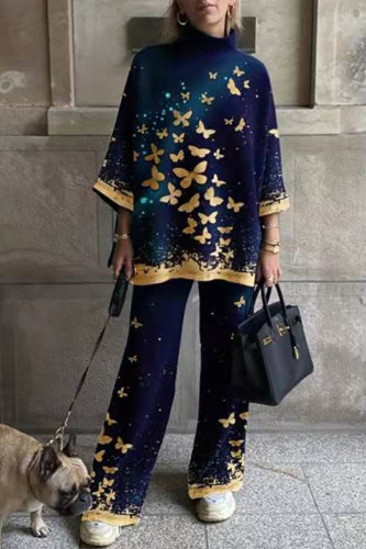 Casual Print Patchwork Turtleneck Long Sleeve Two Pieces