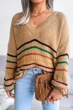 Casual Striped Patchwork V Neck Tops Sweater