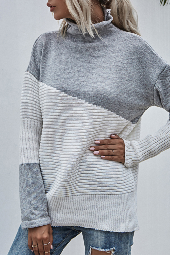 Casual Patchwork Contrast Turtleneck Tops Sweater