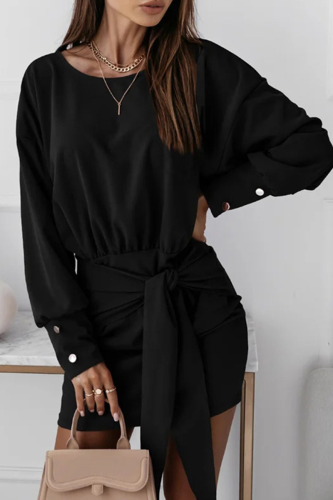 Casual Solid Bandage Patchwork O Neck Pencil Skirt Dresses