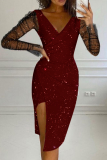 Sexy Solid Mesh V Neck Pencil Skirt Dresses