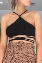 Sexy Solid Bandage Patchwork Backless Halter Tops