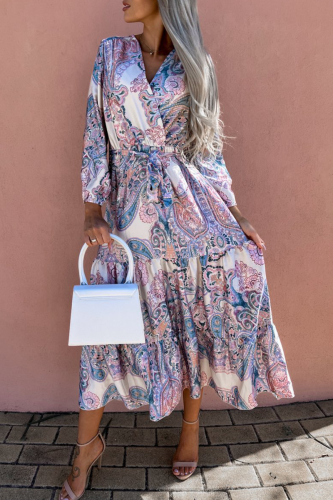 Casual Print Patchwork V Neck Cake Skirt Dresses