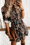 Fashion Print Patchwork Turndown Collar Cake Skirt Dresses