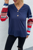 Casual Striped Patchwork Buttons V Neck Tops