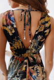 Casual Print Patchwork V Neck Waist Skirt Dresses