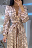 Casual Print Patchwork Turndown Collar Waist Skirt Dresses