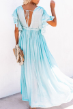 Casual Solid Patchwork V Neck Cake Skirt Dresses